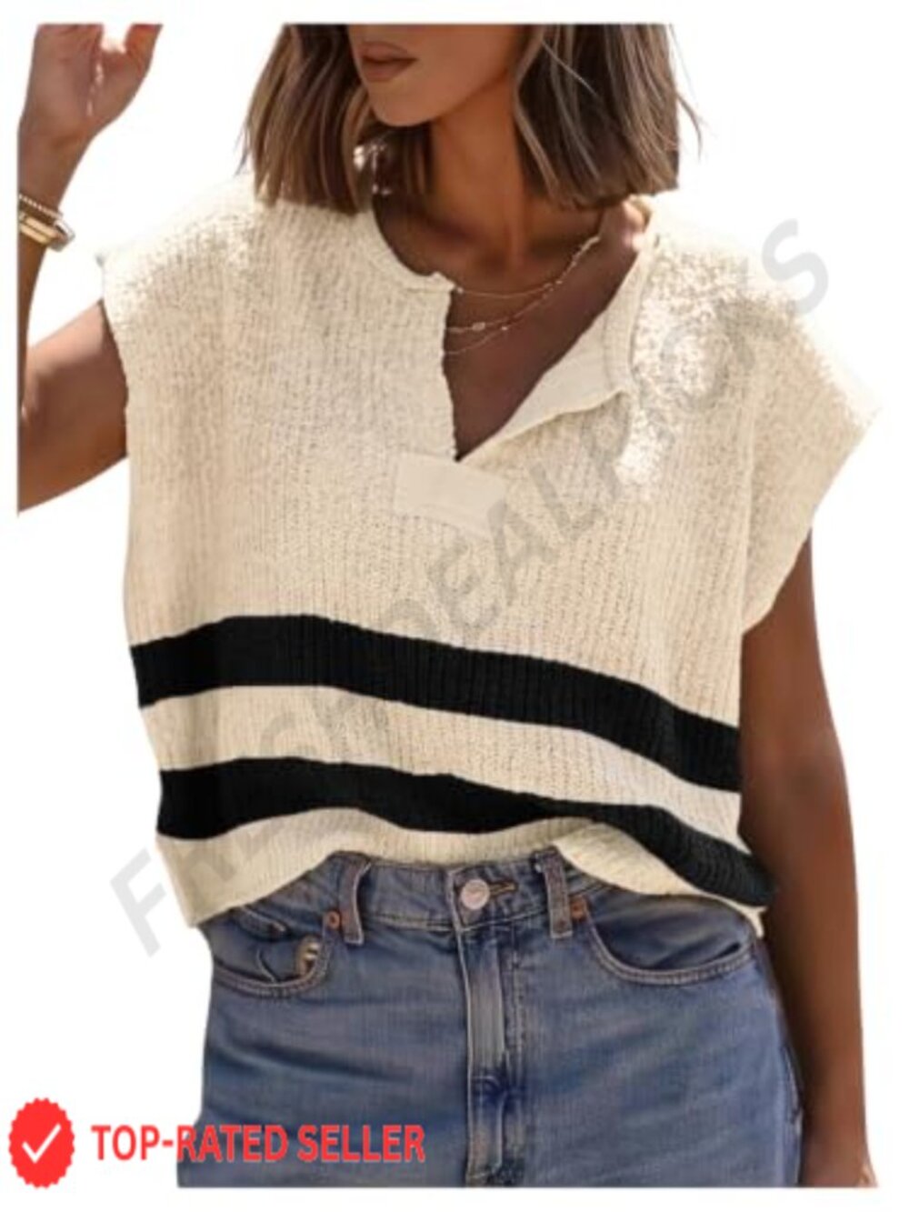 WDIRARA Women's Knit Crop Top Striped Cap Sleeve Loose Fit Pullover
